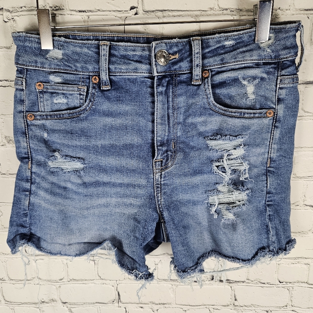 AMERICAN EAGLE | hi-rise shortie distressed denim stretch jean shorts